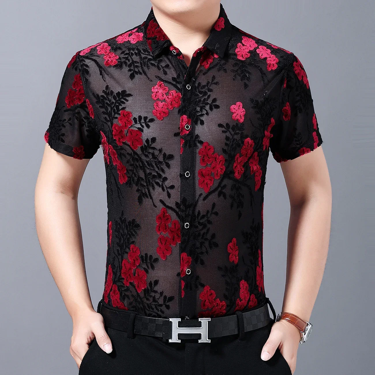 

Sexy Transparent Shirt Men Flower Print Velvet Shirt Club Chemise Homme 2020 Spring Mannen Kleding Short Sleeve Slim Fit