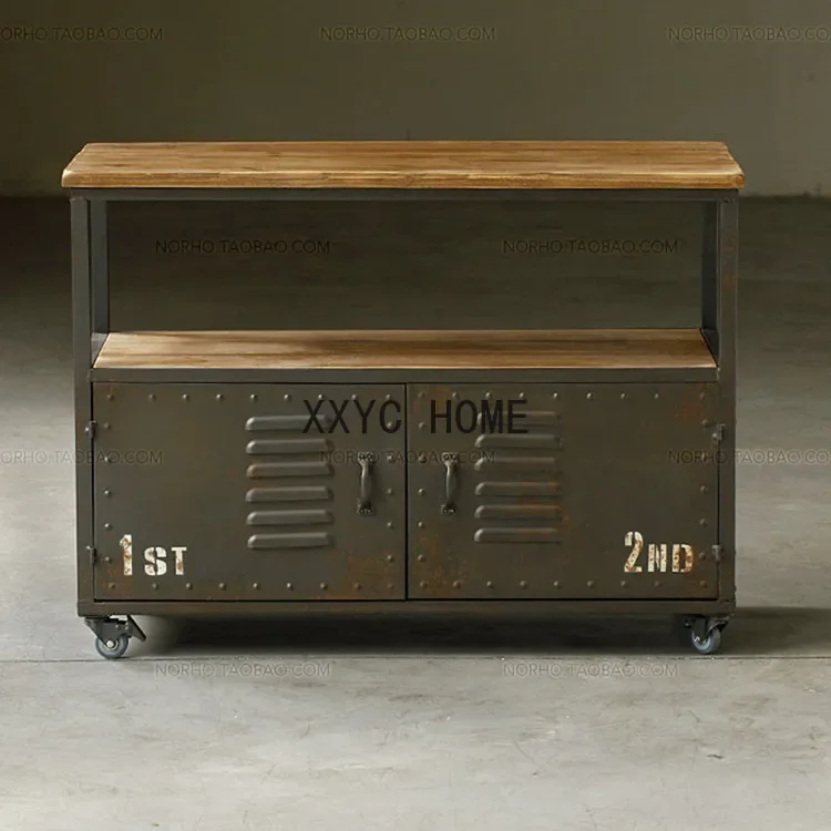 

American Country Retro Iron Art Solid Wood Double-Layer TV Bookcase Iron Storage Distressed Cabinet