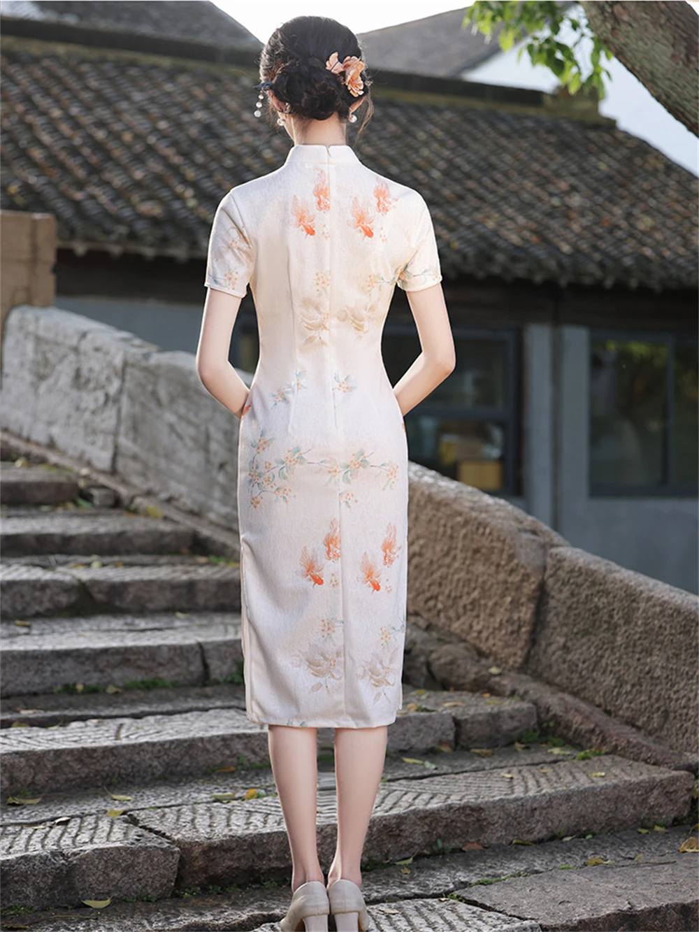 Cheongsam floral de peixe dourado vintage feminino, jovem, qipao tradicional chinês, manga curta fina feminina, vestido elegante de verão