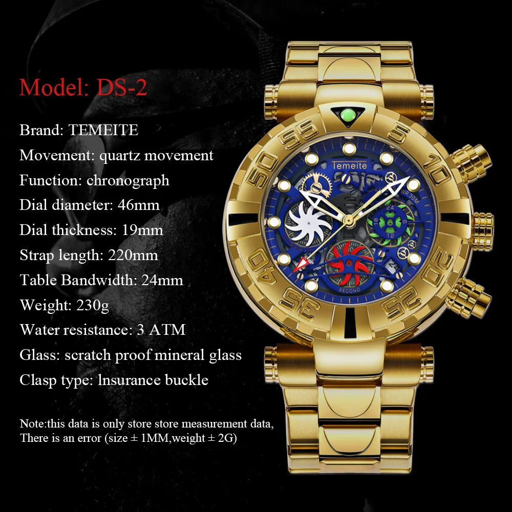 Temeite Golden Mens Watches Top Brand Luxury Steel Big Dial Quartz Chronograph Gold Male Wristwatches Relogio Masculino 2022