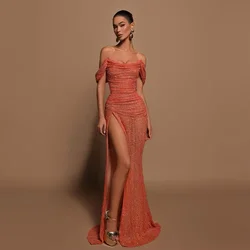 Long Sexy Evening Dresses High Side Slit Corset Back Prom Dresses Sleeves Off Shoulder Formal Prom Gowns Glitter Sequined Gowns