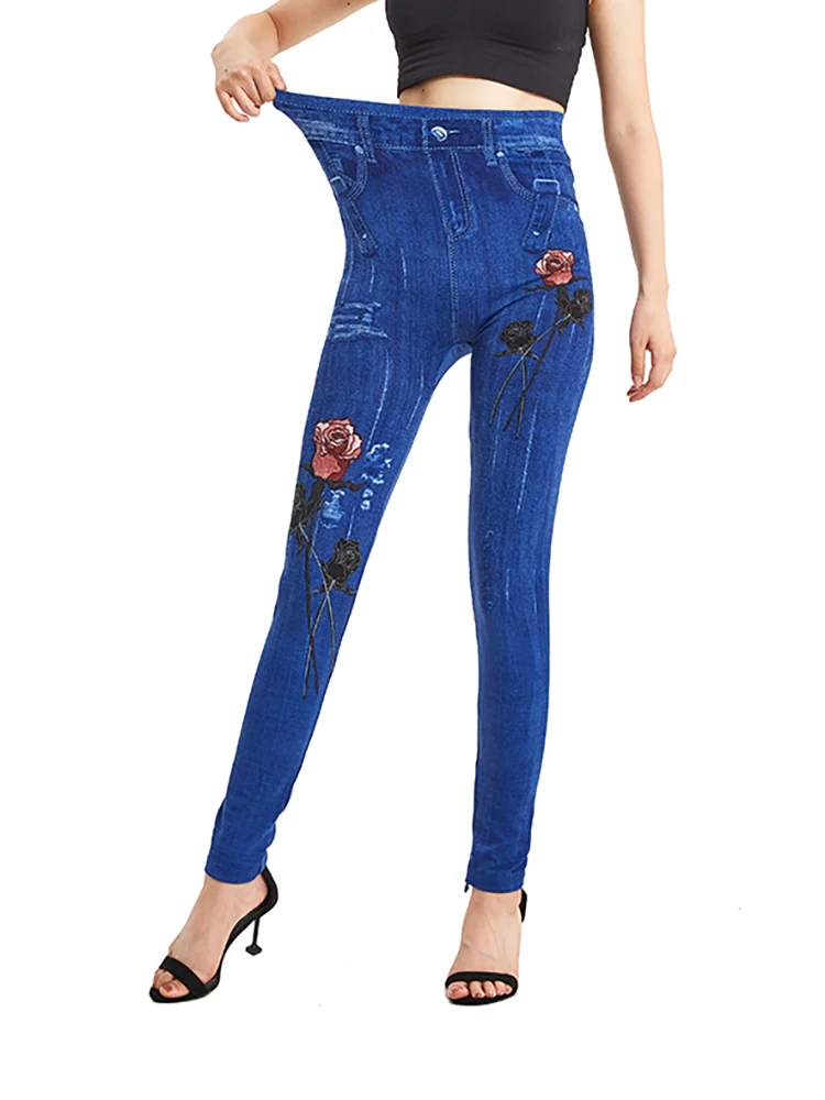 VISNXGI Elegant Women Clothes False Jean Stretchy Plus Size Pants High Waist Jegging Casual Red Rose Print Ladies Leggings S-3XL