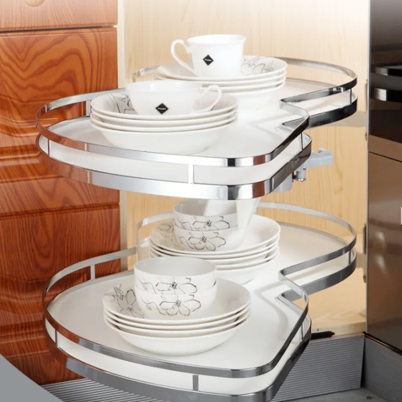 Rotatable Kitchen Organizer Corner Cabinet Basket Stainless Steel Cabinet Basket Retractable Corner Rack Bottom Shelf Home Decor