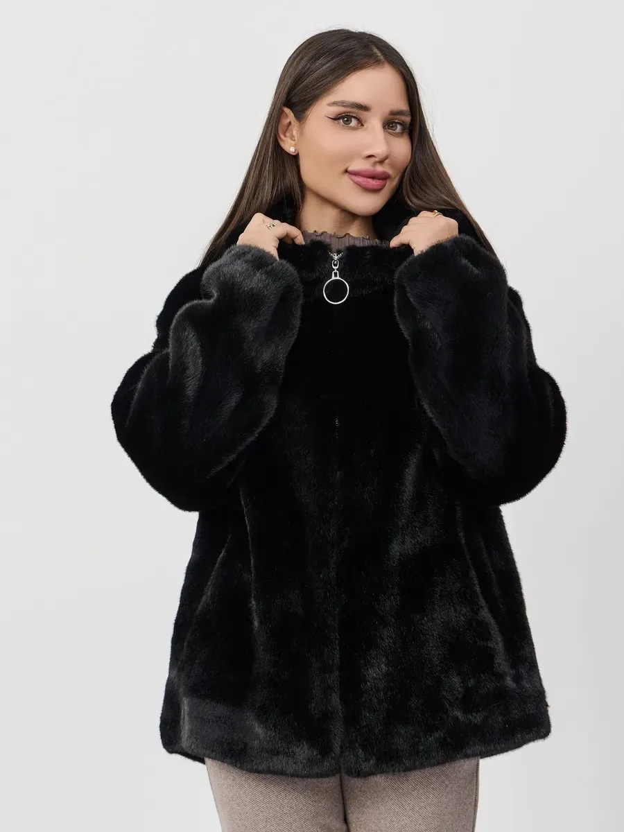 

Women's eco-friendly plush coat, long artificial fur thickened warm hooded faux mink fur coat