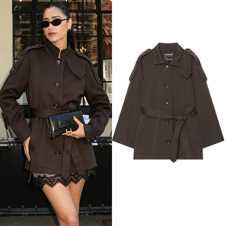 Damen-Trenchcoat mit Schnürung, einfarbig, Stehkragen, einreihig, modisch, Frühling/Herbst 2026, elegant, lässig, Damenjacke