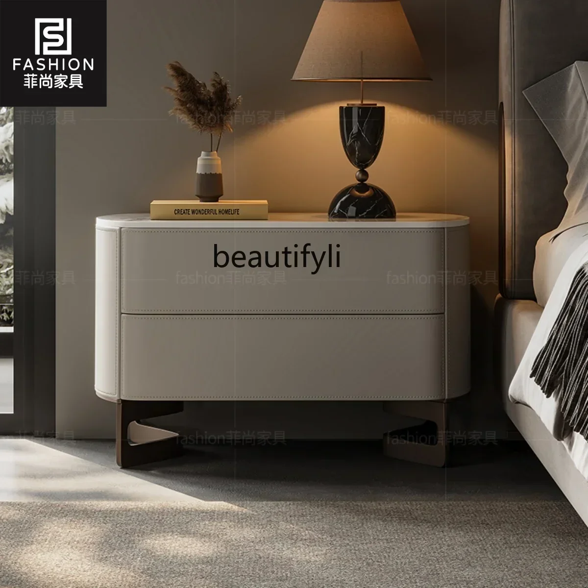 

ss C New bedside table light luxury home designer solid wood storage cabinet bedroom saddle leather two chest cabinetC5556