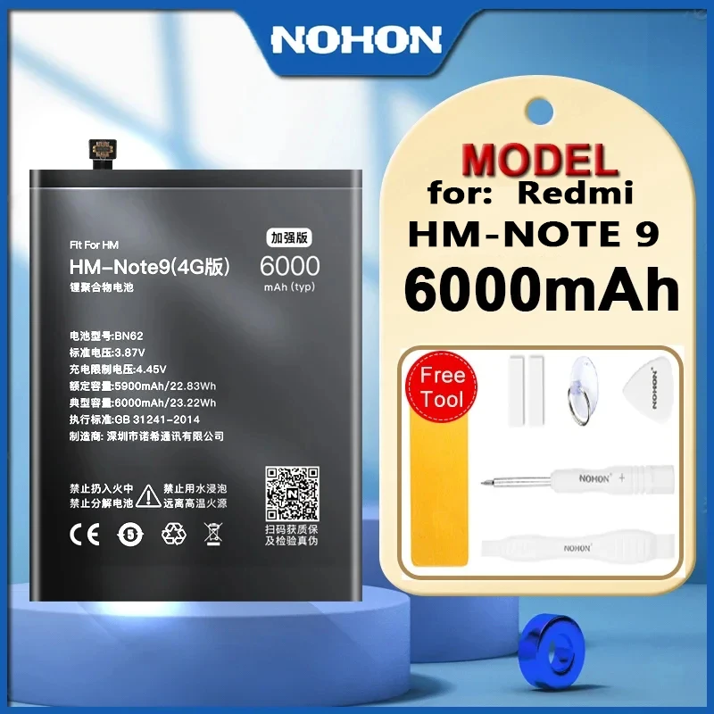 NOHON BN62 6000mAh Battery For Xiaomi POCO M3 Redmi Note 9 Redmi 9T 4G Phone Replacement Batteries+Tools