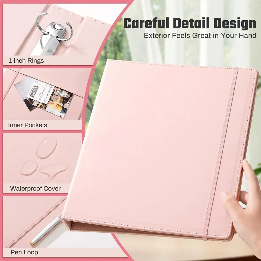 منظم مجلد احترافي من جلد البولي يوريثان مقاس 1 بوصة باللون الوردي مع فواصل مناسبة لحجم 8.5 × 11 ورقة فضفاضة لطيفة