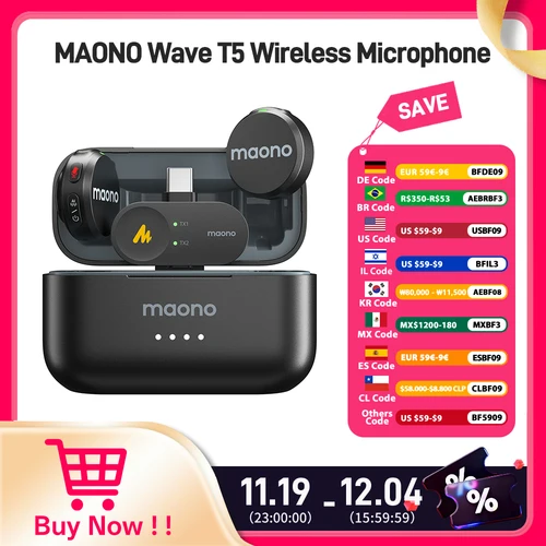 Maono Wave T5 Micrófono de solapa inalámbrico Mini filtro de voz Cancelación de ruido para grabación de vídeo Streaming apto para teléfonos Cámara
