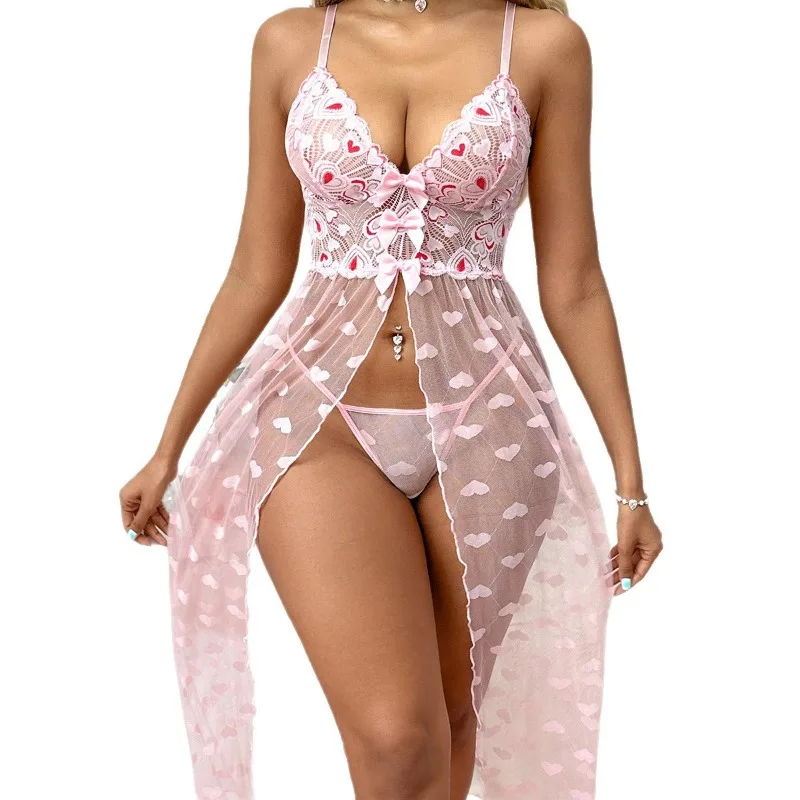 

Tornova Erotic Sleeping Skirt Lace Love Printing Slit See-through Slim Bow Knot Decor Sexy Hollow Out Pure Desire Sling Dress