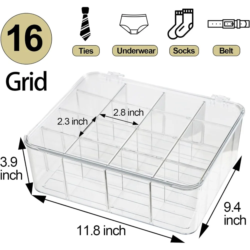 Plastic Transparent Storage Container, Set of 2, Sock Storage Box, Divider Box with Lid, Underwear Drawer Storage Box, Tie