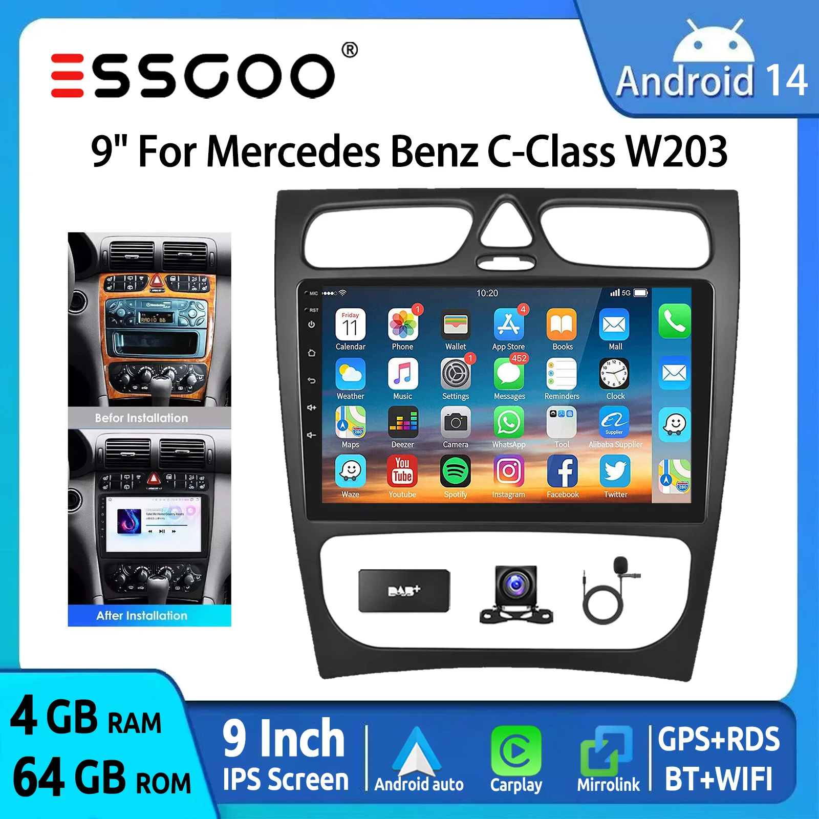 Android 15 9" 64G Autoradio für Mercedes-Benz C-Klasse/CLK W203 W209 - GPS Navigation - Wireless Carplay & Android Auto - FM Bluetooth RDS WIFI - Multimedia Videoplayer Head Unit Touchscreen Display