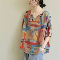 Oversized T Shirts Women Fashion Irregular Print Casual Thin T-shirt Artistic Short Sleeve Doll Shirt Summer Loose V-neck Tops