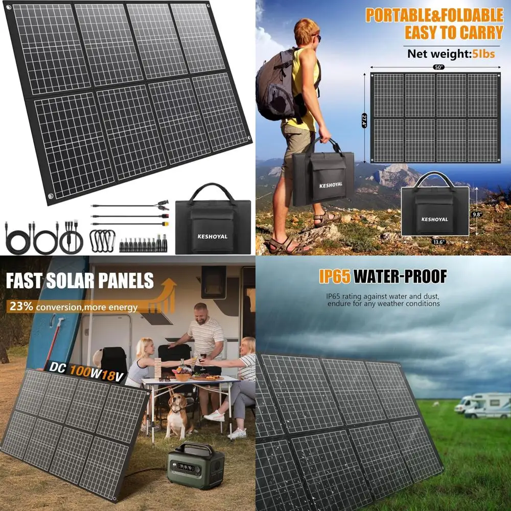 

100W Foldable Monocrystalline Solar Panel with 18V DC and USB Outputs, Waterproof for Camping, RV, Off-Grid, Hiking