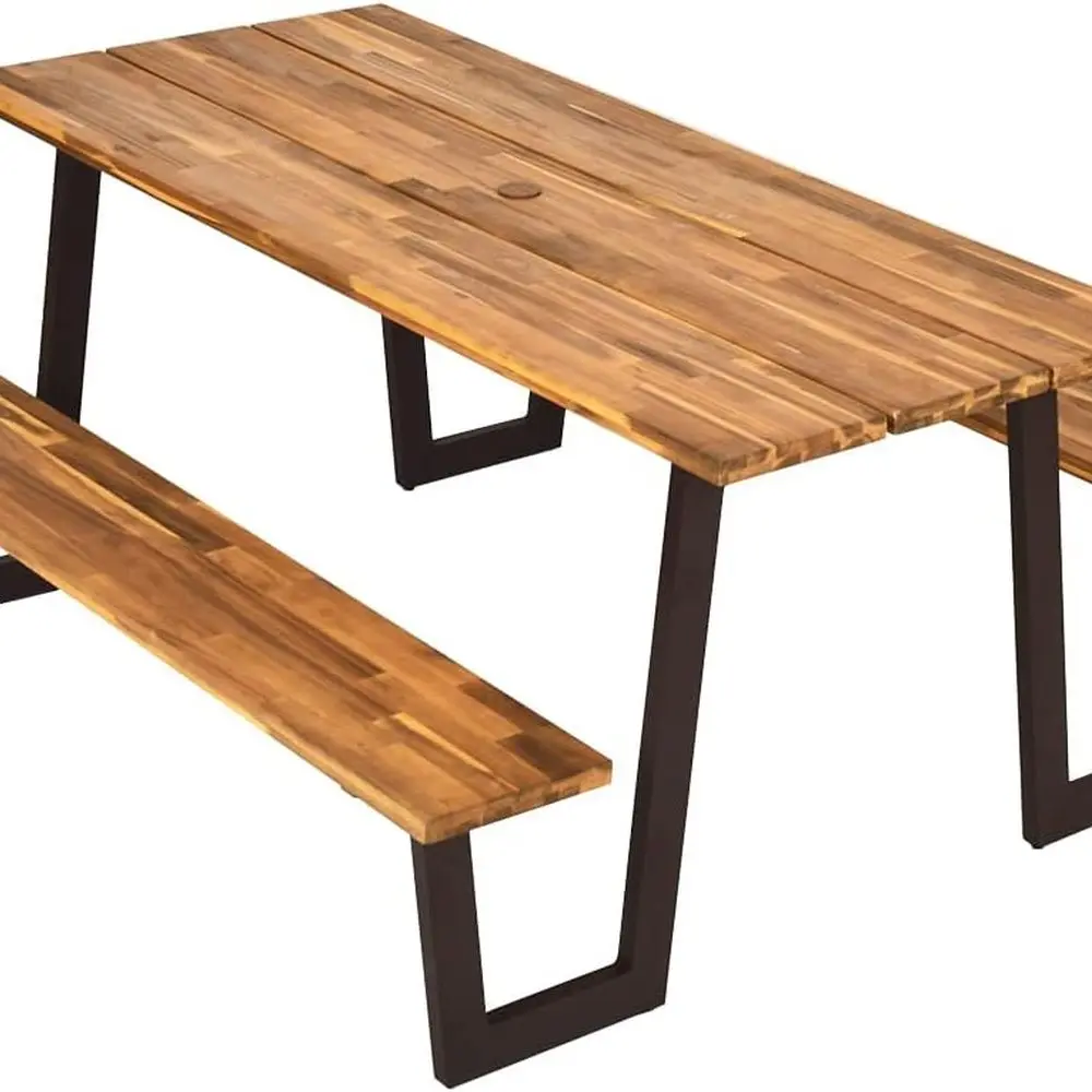 

Стол для пикника из дерева акации с скамейками для уличного обеденного набора 6–8, 70,5, 2 отверстия для зонта, грузоподъемность 1600 фунтов, сверхмощный металлический переворот