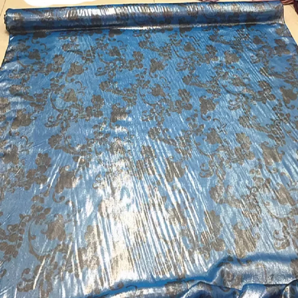 Printed Newest Blue Silver Metallic Shiny Silk Fabric with Black Flower for Lady Amazing Party Dress Shawl Scarf