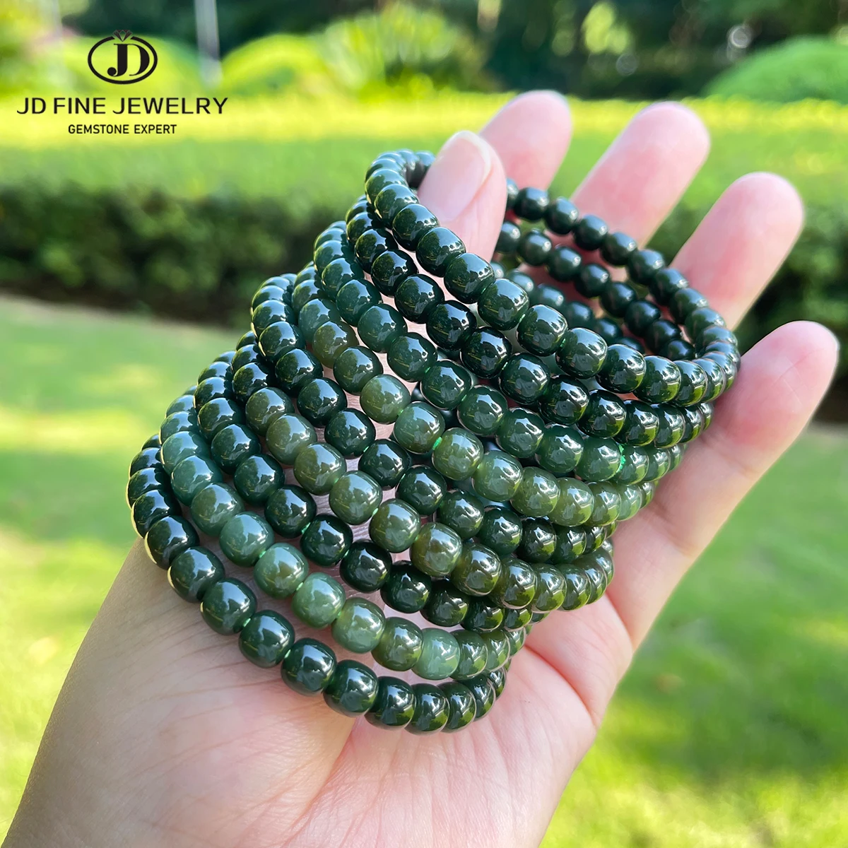 Natural Dark Green Hetian Nephrite Jade Bracelet Beaded Stretch Jewelry for Women Men Root Chakra Grounding Protection Gift