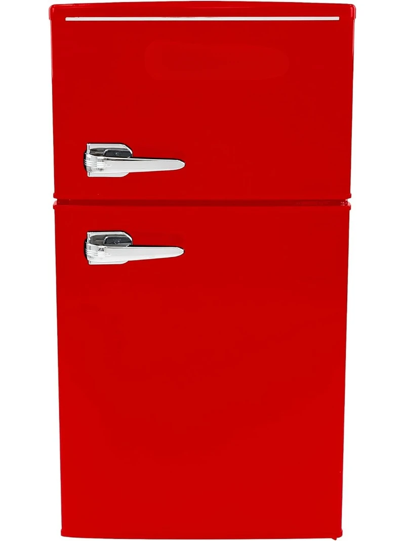 Mini réfrigérateur de style rétro avec compartiment congélateur pour bureau à domicile ou dortoir, avec portes doubles et étagères en verre amovibles, rouge