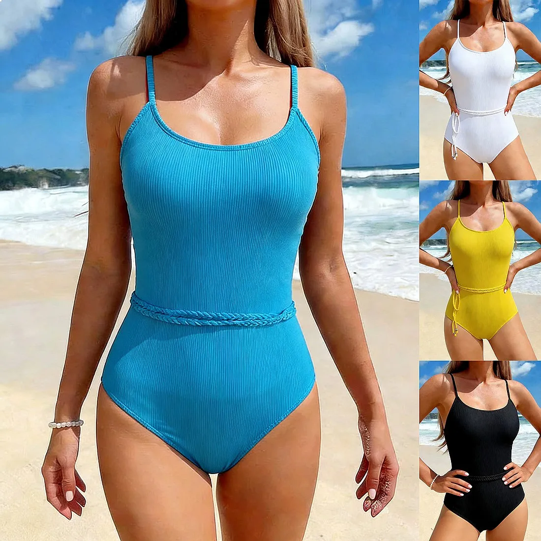 

2026 New Women's Solid Color Strap Spliced Bikini Swimsuit One Piece Wholesale