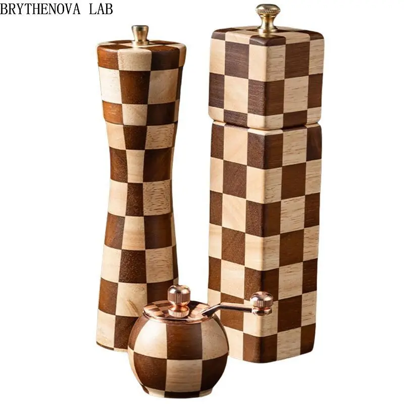 Manual Solid Wood Pepper Grinder Checkerboard Pattern Sea Salt Mill Pepper Granule Grinding Bottle Freshly Ground