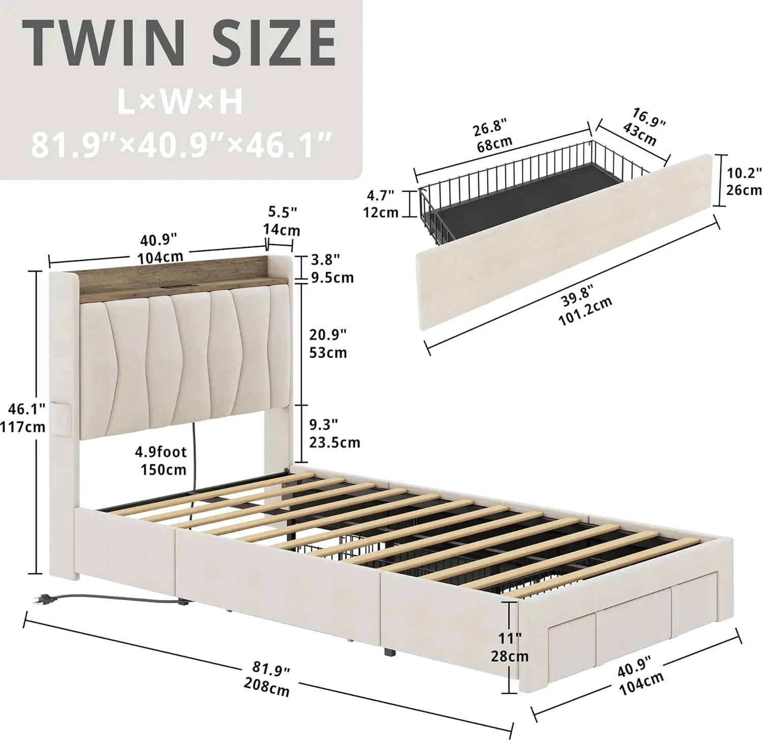 Twin Bed Frame with 3 Drawers, Upholstered Platform Bed with Storage Headboard and Charging Station, No Box Spring Needed, Easy