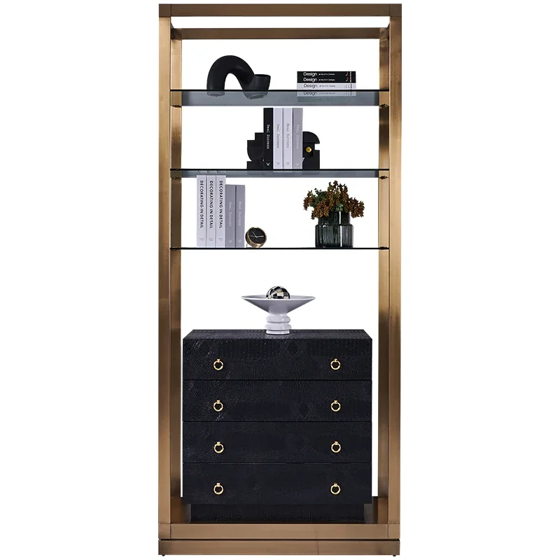 

Light Luxury Bookshelf Champagne Gold Stainless Steel Shelf Study Display Cabinet Simple