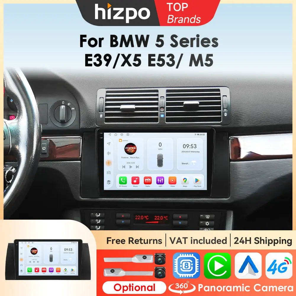 Hizpo per Apple CarPlay Android Auto Radio per BMW Serie 5 E39 X5 M5 1995 - 2003 Car Multimedia QLED Schermo Stereo GPS Navi RDS