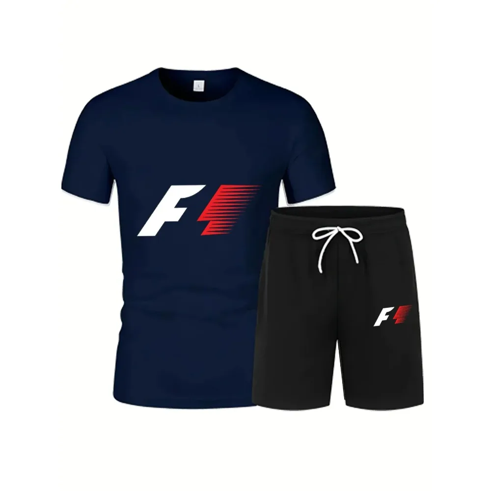 

2025 new men's casual short-sleeved shorts suit breathable round neck loose letter suit