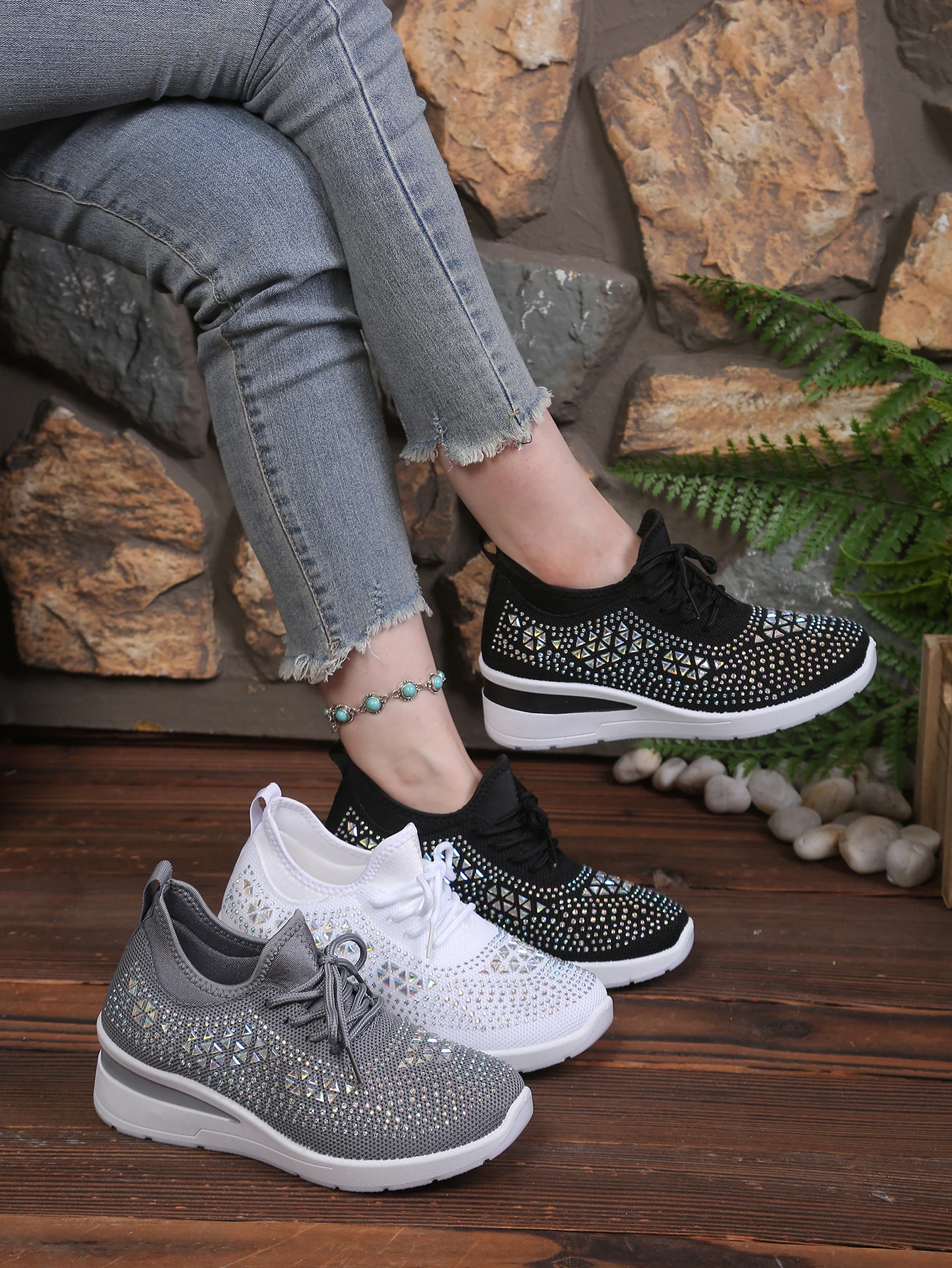 Damen Glitzer-Strass Keilabsatz Sneaker Atmungsaktive Mesh Schnür-Freizeitschuhe zum Gehen – Detail 1