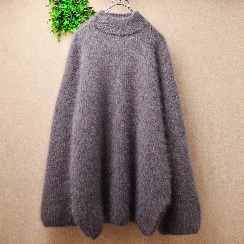 

Female Women Fall Winter Clothing Thick Warm Hairy Mink Cashmere Knitted Turtleneck Long Flare Sleeves Loose Pullover Sweater