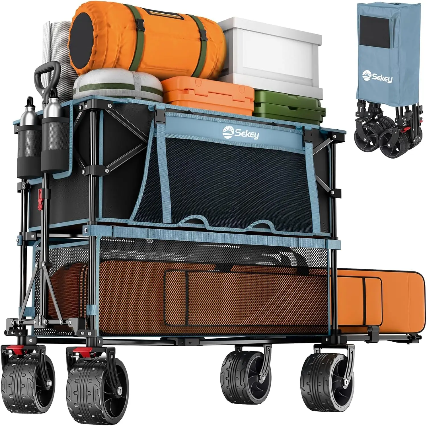 

Folding Wagon 400L Double Decker Blue 500lb Capacity All-Terrain Wheels with Brakes for Camping Sports