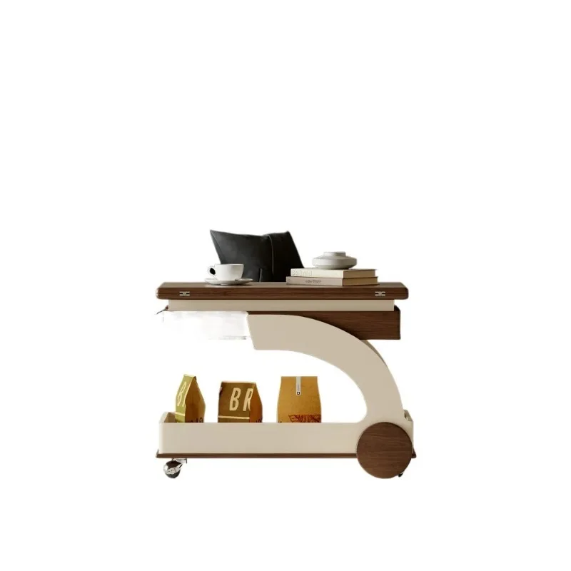 

Retro black walnut folding cart coffee table movable French small apartment lifting side table
