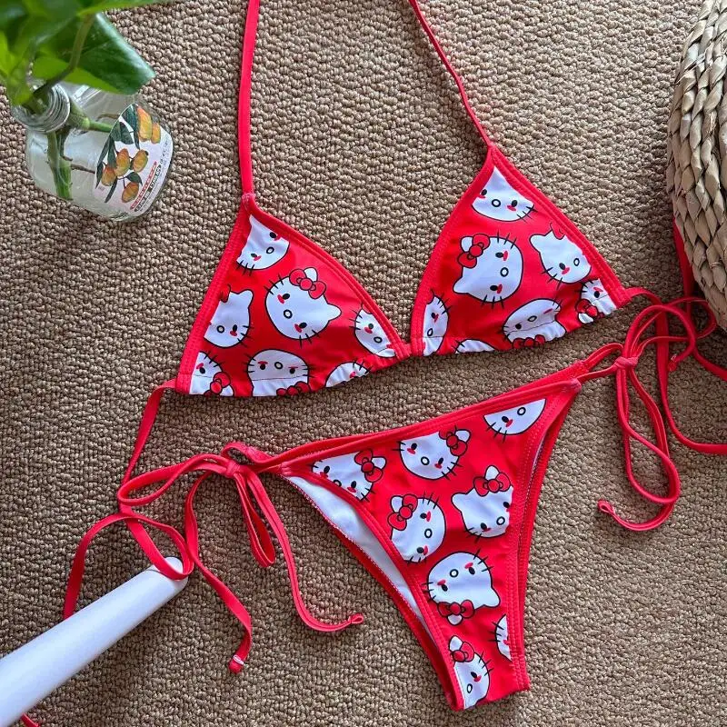 Kawaii Hello Kitty Bikini Set Anime My Melody Kuromi Women Cartoon Print Triangle String Swimsuit Y2K Vintage Beachwear Swimwear