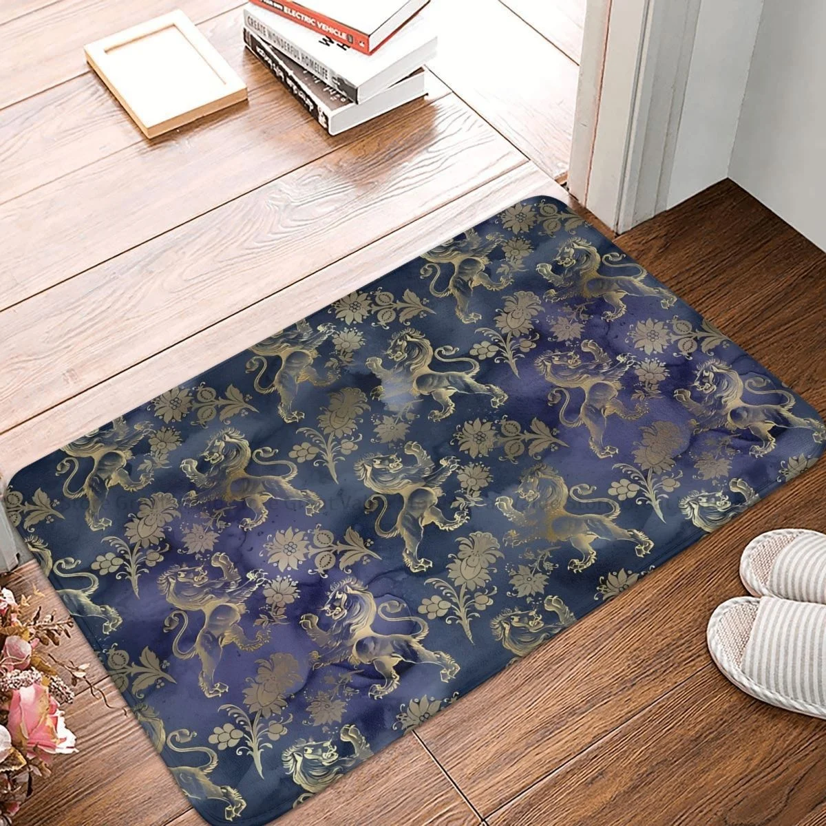 Golden Lion And Damask Non-slip Doormat Blue Background Living Room Kitchen Mat Welcome Carpet Home Modern Decor