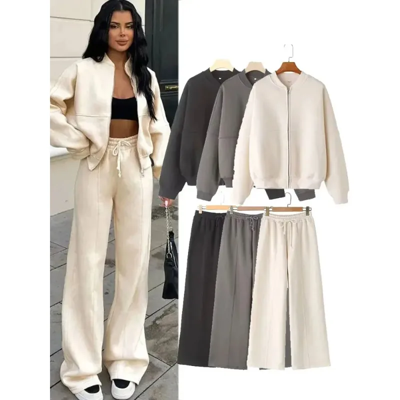 2025 Women's Fall 2-Piece Retro Solid Color Zip Bomber Jacket Sweatshirt+High Waist Lace Up Women's Wide Leg Pants Street Wear