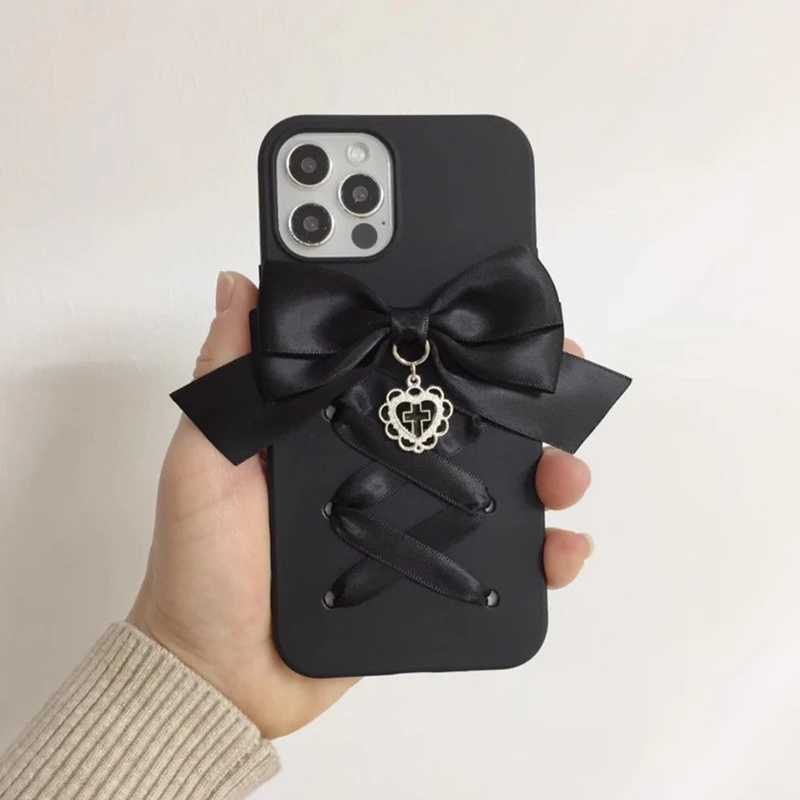 Harajuku كول الأسود الشريط Bowknot اليدوية جراب هاتف آيفون 1615 14 13 12 برو ماكس X XS XR غالاكسي القوطية Y2k غطاء أسود #5