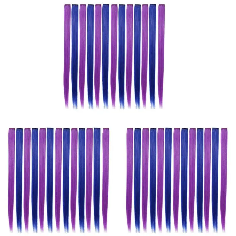 【EXCLUSIVE】39 Pcs Colored Party Highlights Colorful Clip In Hair Extensions 55Cm Straight Synthetic Hairpieces, Purple + Blue