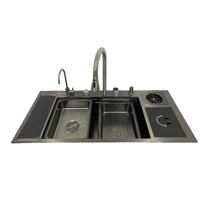 2025 Trending Modern Kitchen Sink Stainless Steel Automatic Lifting Garbage Bin Knife Box Waterfall Kitchen Sink with Cup Washer