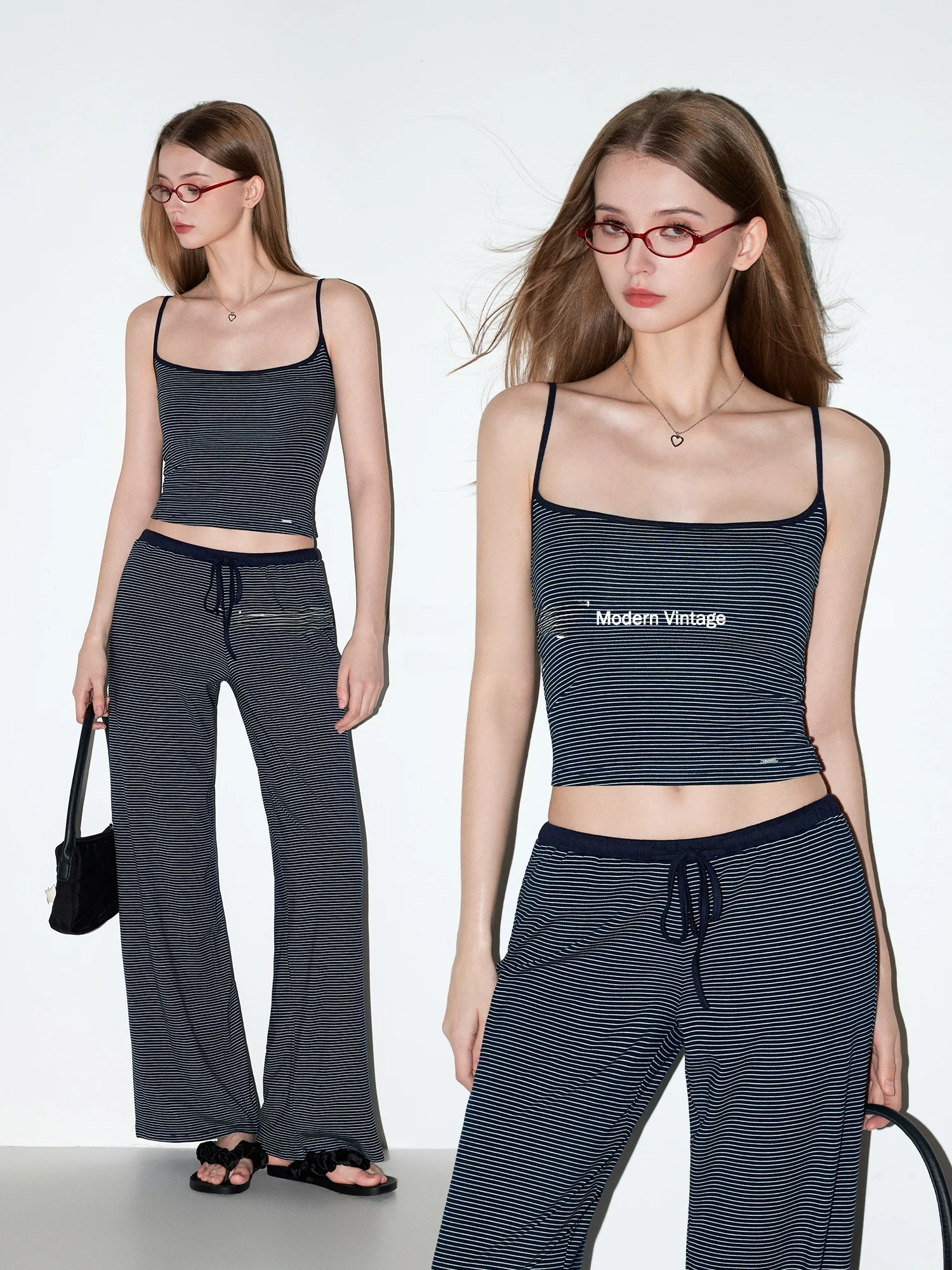 

American Retro Striped Crop Top And High Waist Pants Women's Summer Casual Dstring Two-Piece Set Faionable And Versatile