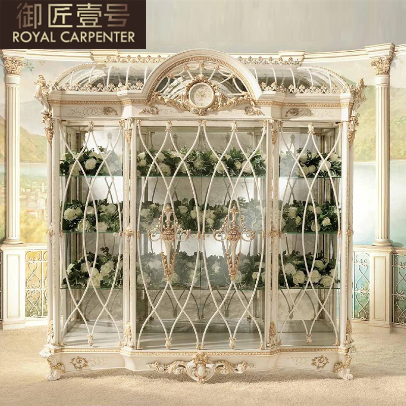 European style restaurant furniture hand-carved solid wood four-door wine cabinet luxury villa decoration cabinet