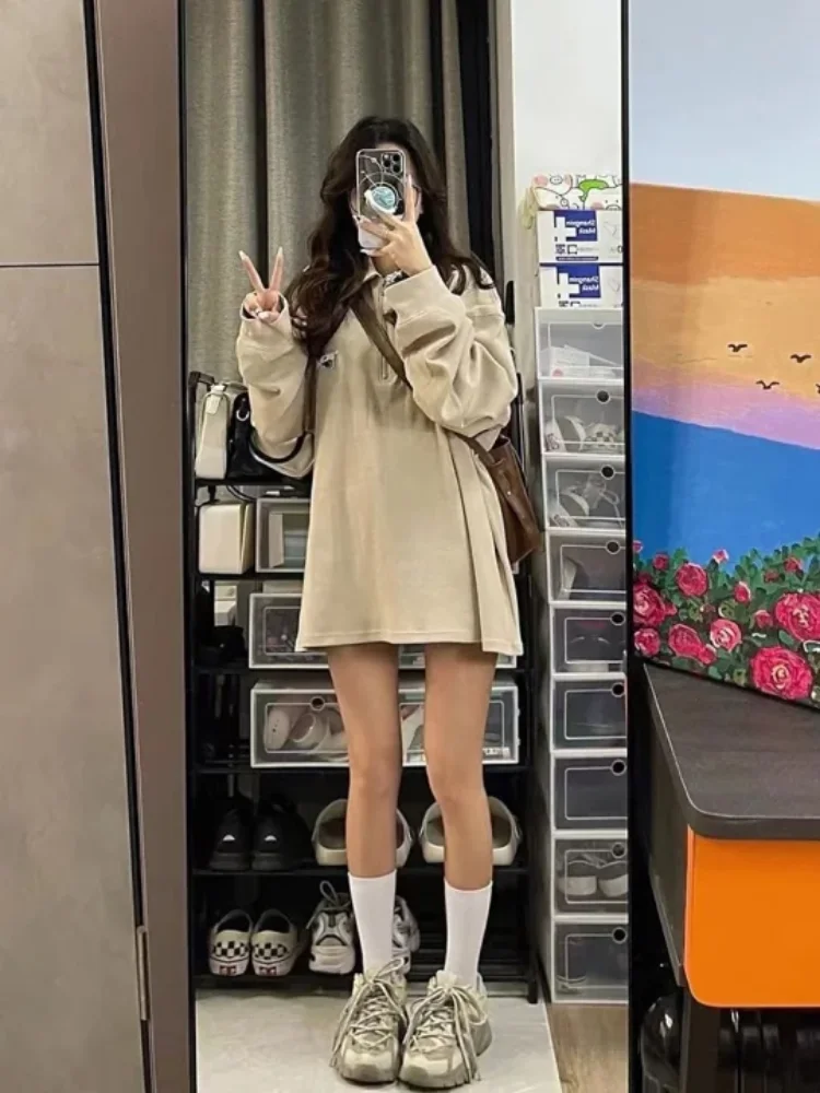 Autumn and winter loose casual polo collar long sleeved women's top fashionable women's commuting wool waffle hoodie without hat