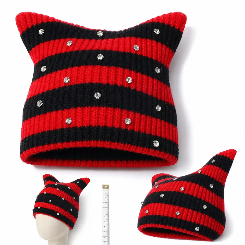 Gifts Yarn Cat Ear Beanie Stretchable Knit Y2K Harajuku Knitted Beanie Hat Punk Gothic Crystal Knitted Skull Cap Women and Men