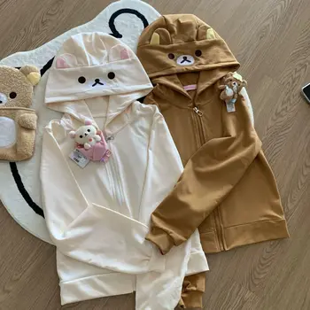 Primavera novedad de verano lindo oso orejas con cremallera Sudadera con capucha japonesa dulce chica Casual sudadera suelta mujeres Cardigan Anime Sudadera con capucha Y2k Top