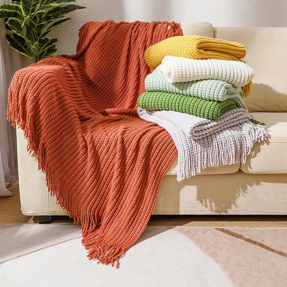 

Bohemian Knitted Blanket Solid Color Fringe Decoration Blanket Cover Blankets Office Nap Acrylic Bean Blanket Bed End Blankets