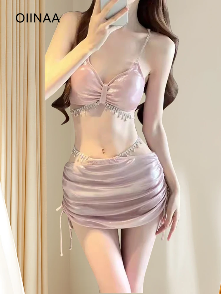 

OIINAA Three-piece Swimwear Women Halter Pink Bikini Set Diamond Chain Beachwear Summer 2025 High Waisted Drawstring Wrap Skirt