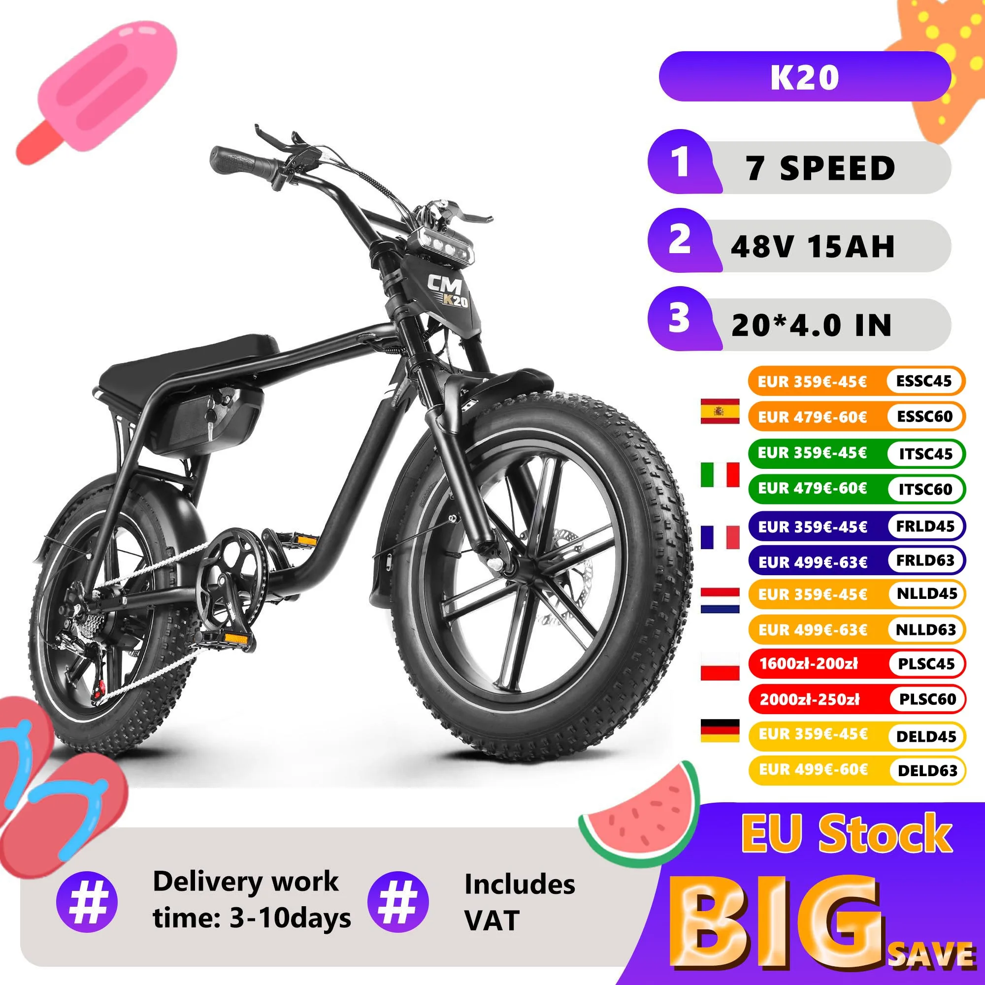 Vélo électrique CMACEWHEEL K20 eBIKE, 48V 15Ah, pneus larges, 20 pouces, VTT électrique pour adulte, stock UE