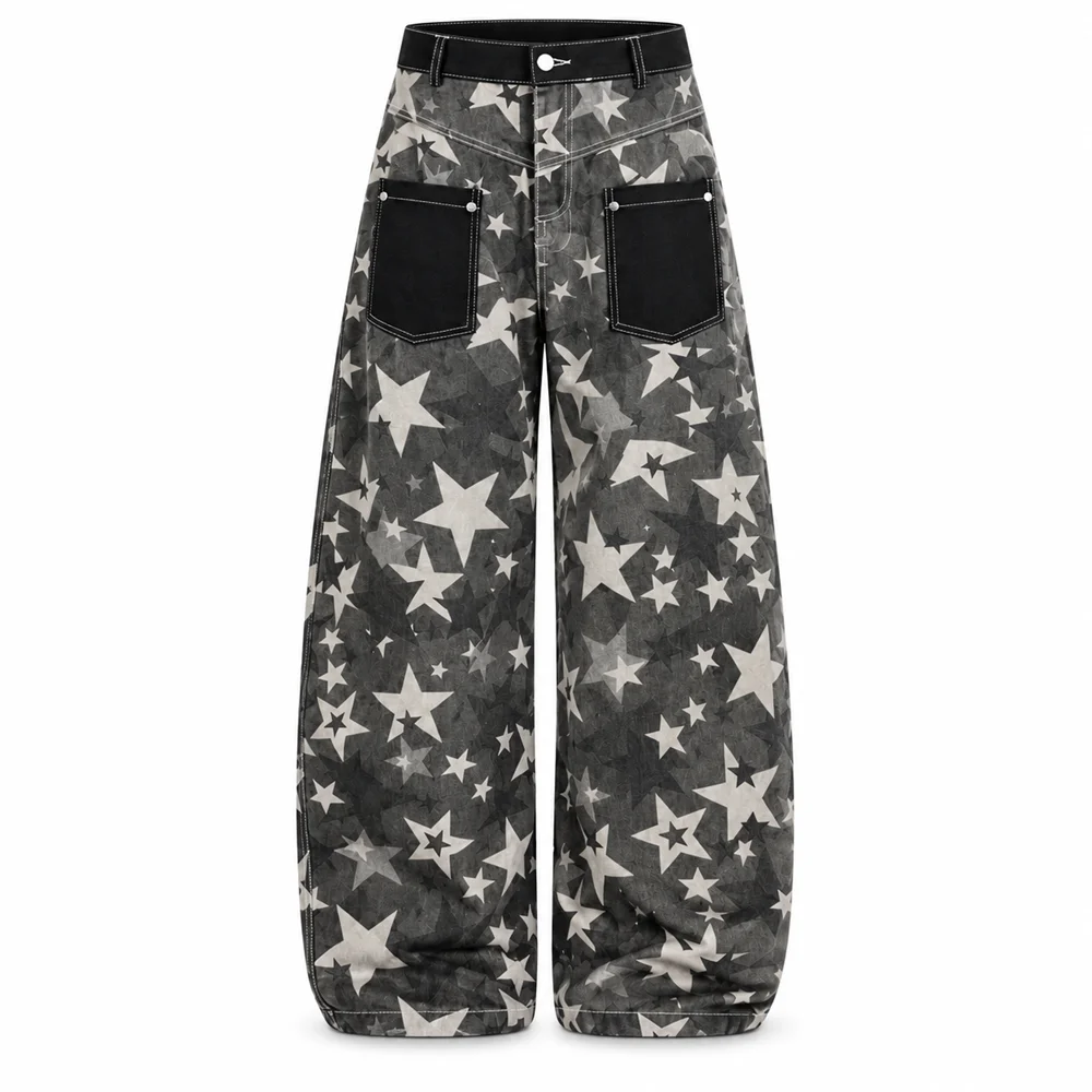 Unisex Casual Style Relaxed Fit Jeans Wide-Leg Silhouette Studded Detail Denim Fabric Everyday Outfit