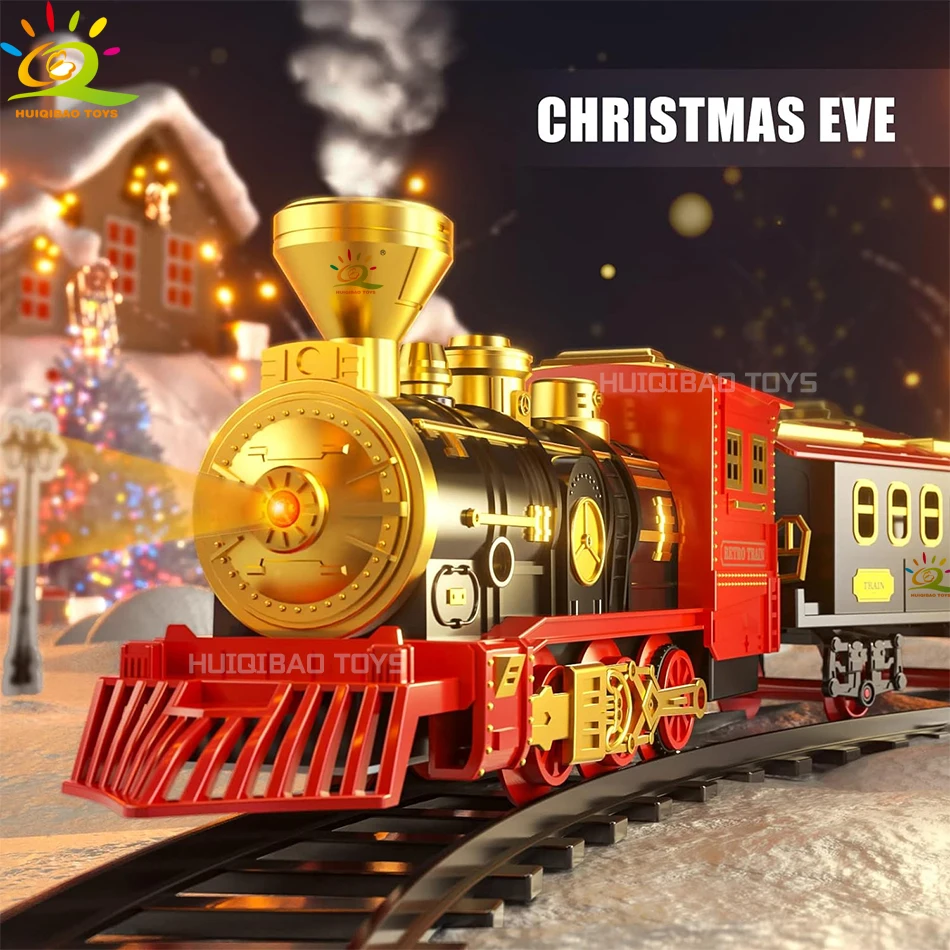 

HUIQIBAO Christmas Electric Train Toys Set Retro Classic Locomotive Engine Cargo Car Long Track Toys With Light and Sounds Smoke