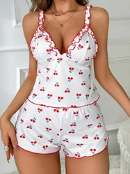 Ruffle-edged Cherry Printed Sexy V-neck Triangle Cup Suspender Pajamas Shorts 2Pcs Set Comfortable Home Clothes