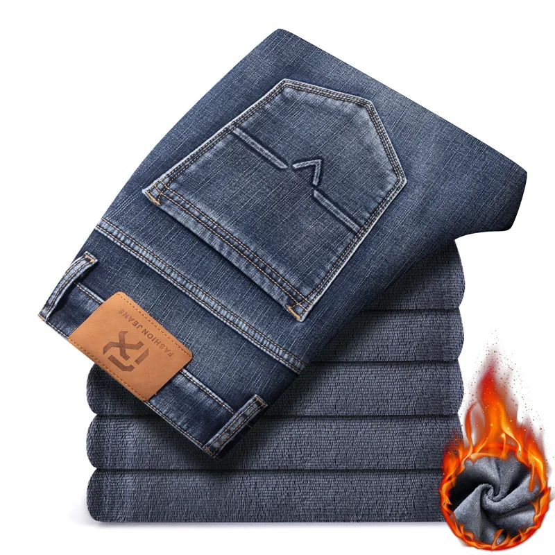 Classic Style Winter Men Warm Business Jeans 2022 New Stretch Slim Denim Trousers Smoke Grey Pants Male Brand Clothing